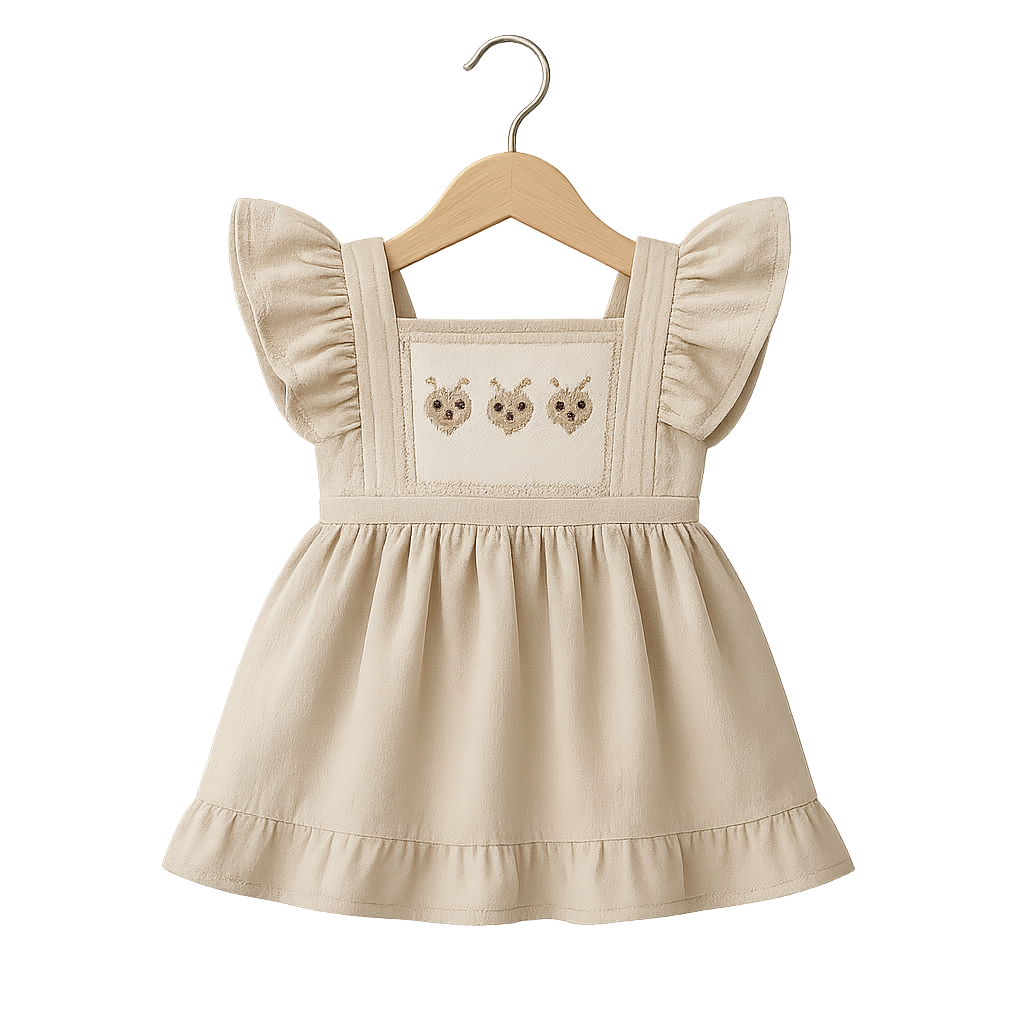 Embroidered Owl Ruffle Dress | Cozy Beige