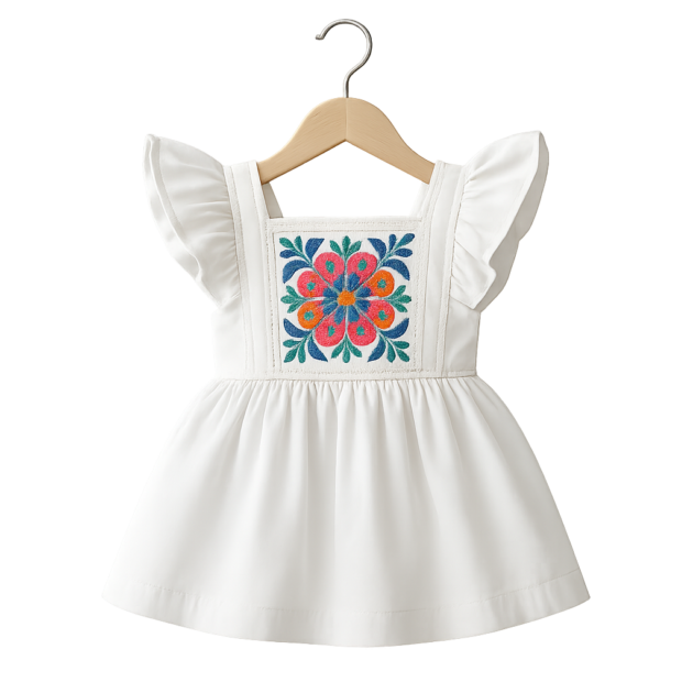 Embroidered Floral Ruffle Dress | White