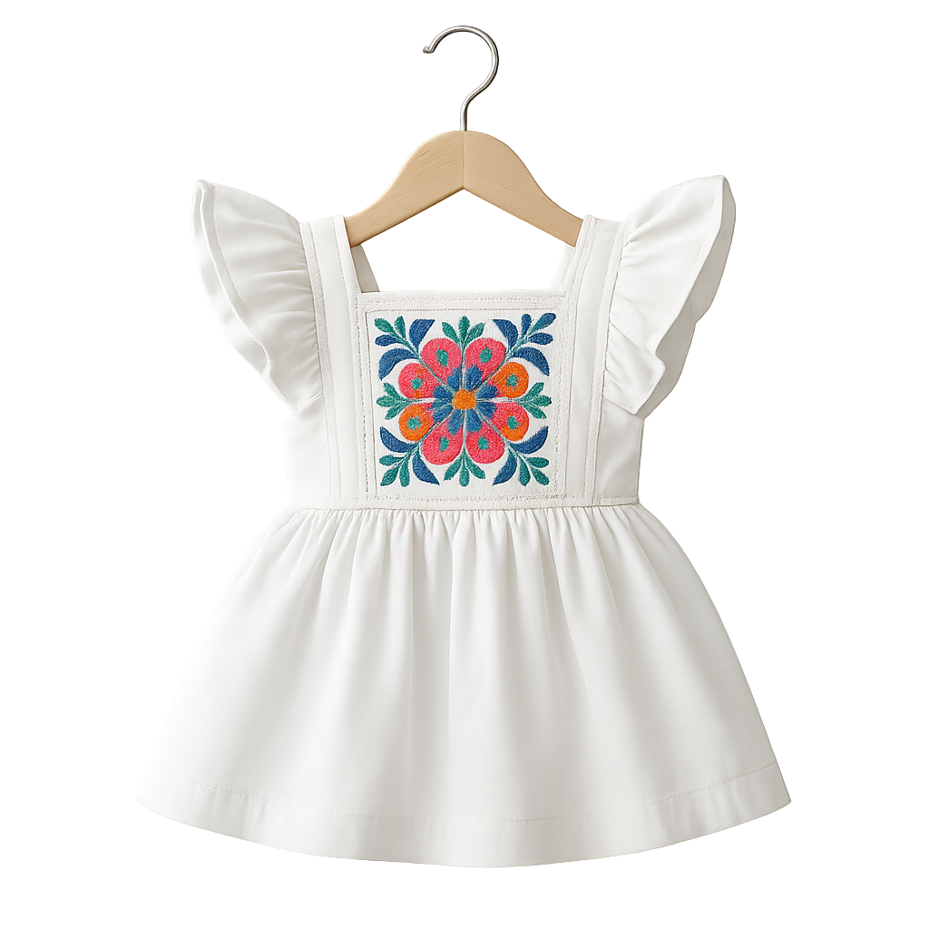 Embroidered Floral Ruffle Dress | White