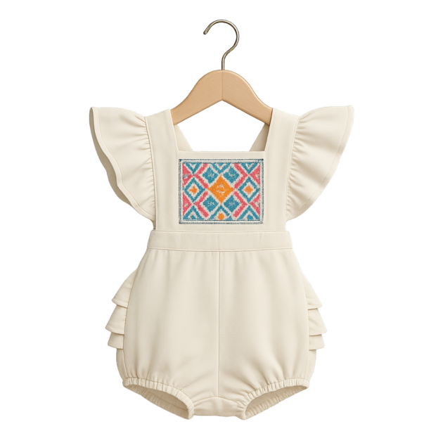A cream-colored baby jumper with ruffled flutter sleeves and tiered ruffles on the sides. The jumper features a square neckline with an embroidered geometric pattern in orange, blue, and pink on the chest. It hangs from a wooden hanger.