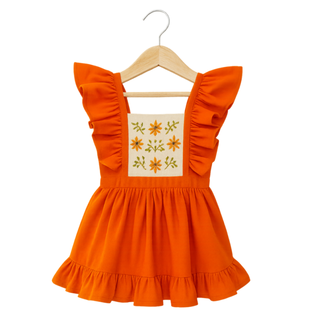 Embroidered Floral Ruffle Dress | Sunny Orange