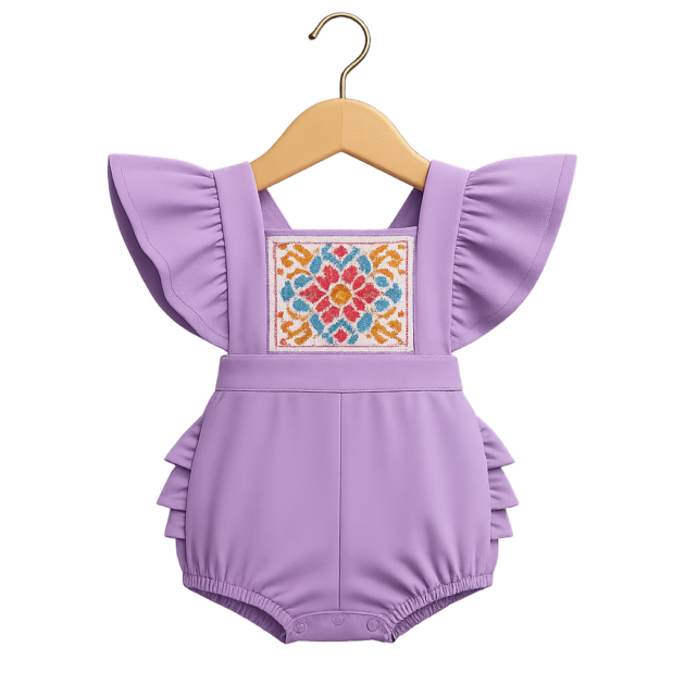 A light purple baby jumper with ruffled flutter sleeves and an intricately embroidered multicolored floral panel on the chest in red, blue, and yellow tones. The jumper is displayed on a wooden hanger.