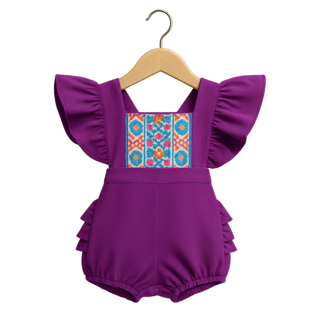 A vibrant purple baby jumper with flutter ruffle sleeves and an intricately embroidered multicolored panel on the chest featuring geometric and floral patterns. The jumper is displayed on a wooden hanger.