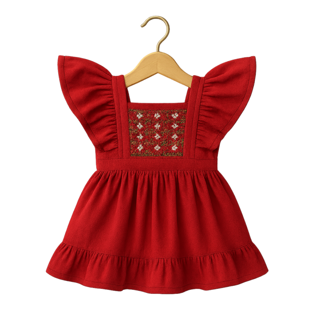 Embroidered Floral Ruffle Dress | Crimson Red