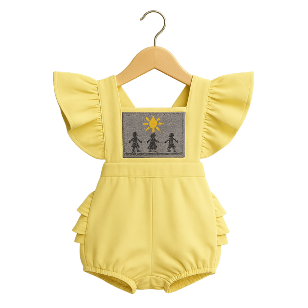 A vibrant yellow baby jumper with ruffled flutter sleeves and a gray embroidered patch on the chest featuring a sun and three abstract figures.
